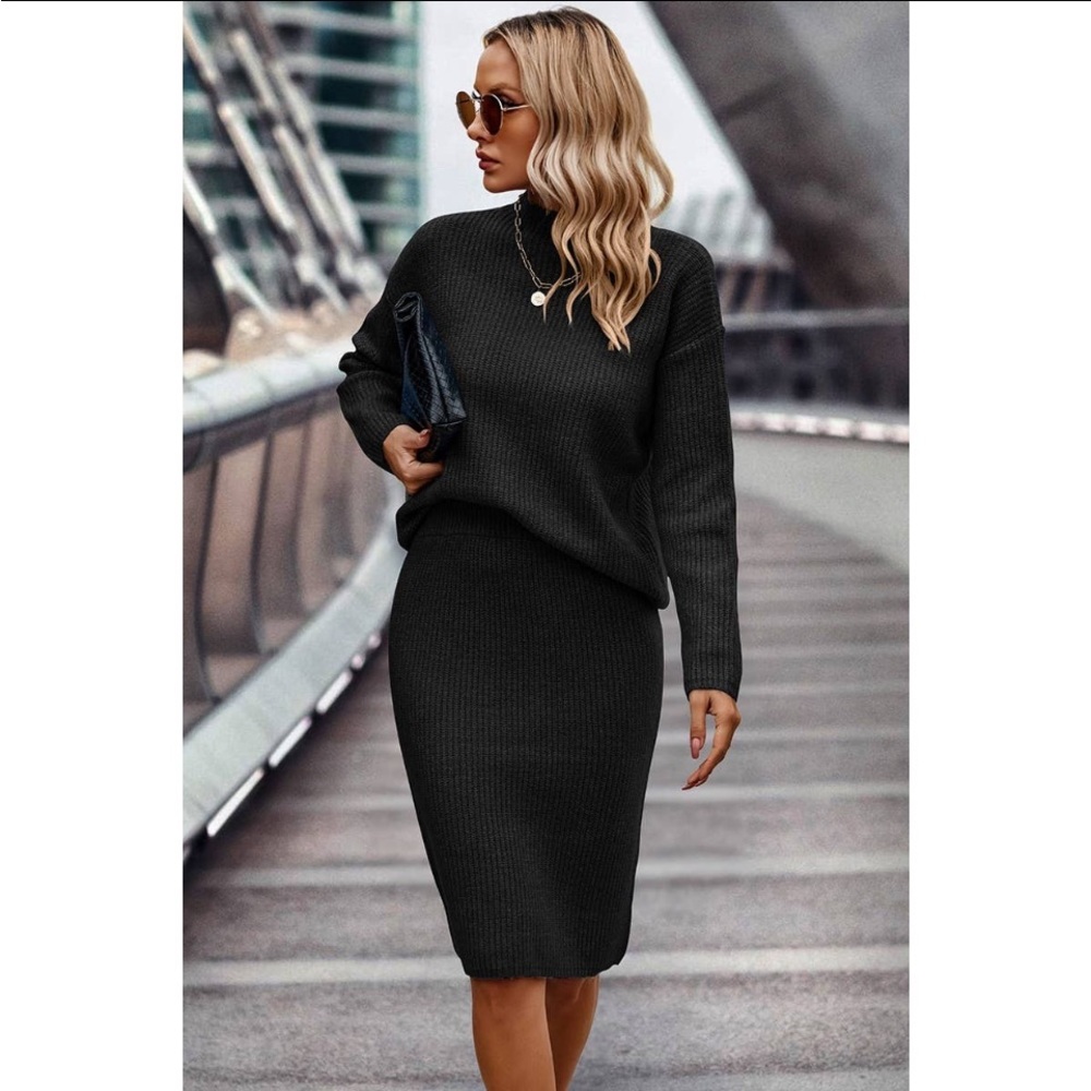 0834.  Chic Black Knit Drop Shoulder Sweater and Skirt Set